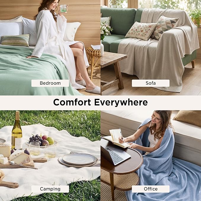 Bedsure GentleSoft 100% Cotton Large Throw Blanket for Couch 50x70 inches - Breathable and Lightweight, Soft Cozy Herringbone Woven Cotton Throw for Summer Spring, Linen Beige Office Chair Blanket