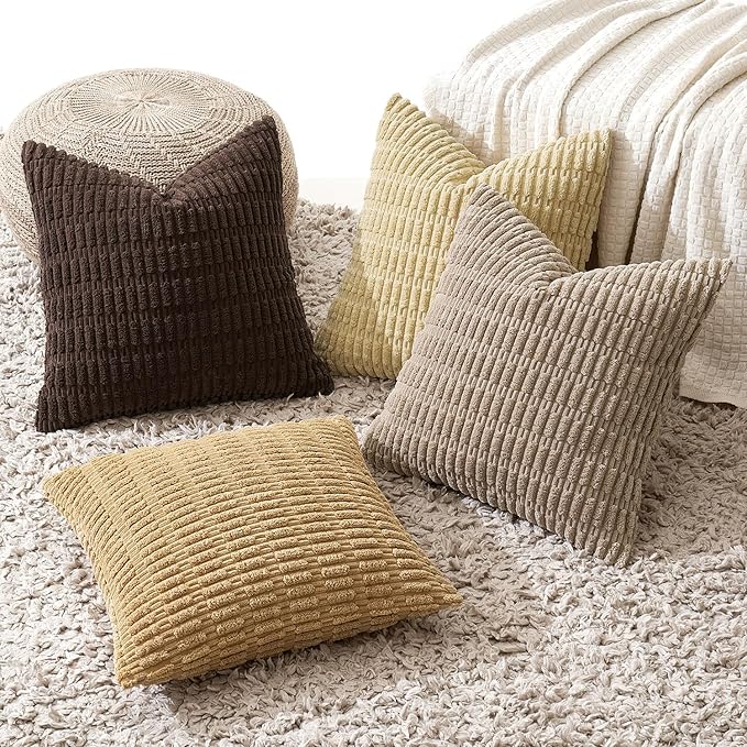 MIULEE Pack of 4 Boho Farmhouse Chocolate Corduroy Decorative Throw Pillow Covers 18x18 Inch Modern Retro Soft Striped Pillow Covers Home Decor for Sofa Living Room Couch Bed