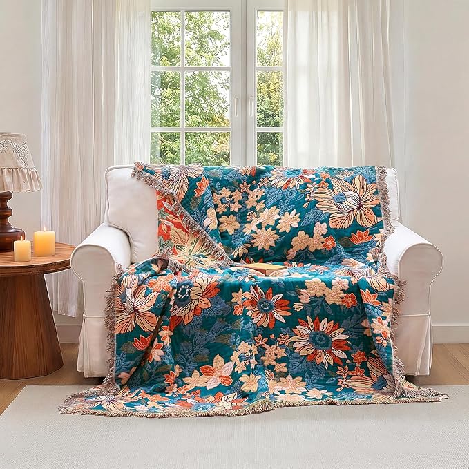 Boho Throw Blanket - 100% Cotton Ultra Soft Muslin Blanket, 90"x90" Lightweight Floral Framhouse Bedding Spring Blanket for Bed, All Season Green Bohemian Bedroom Home Decor Quilt