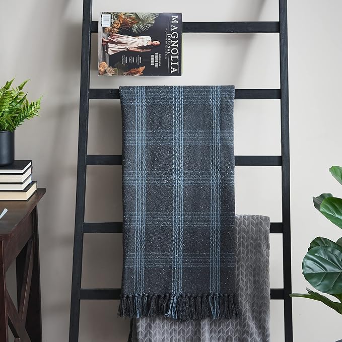 Creative Co-Op Recycled Cotton Blend Throw Blanket with Fringe, Grey Plaid (Pack of 4)