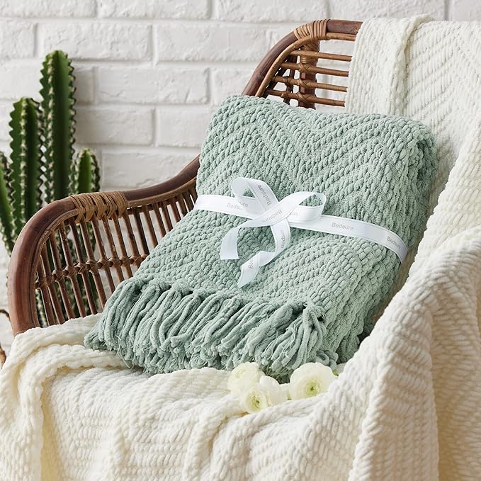 Bedsure Sage Green Throw Blanket for Couch ?Versatile Knit Woven Chenille Blanket for Chair, Super Soft, Warm & Decorative Blanket with Tassels for Bed, Sofa and Living Room (Sage Green, Throw)
