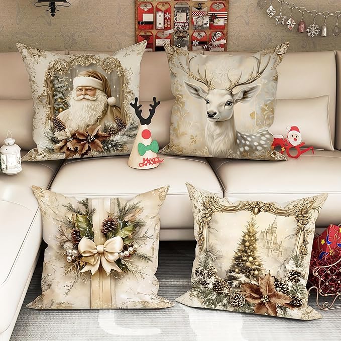 Elegant Christmas Throw Pillow Covers, Vintage White with Gold Floral Design, Winter Holiday Theme with Santa and Reindeer, Decorative Cushion Cases，Short Plush