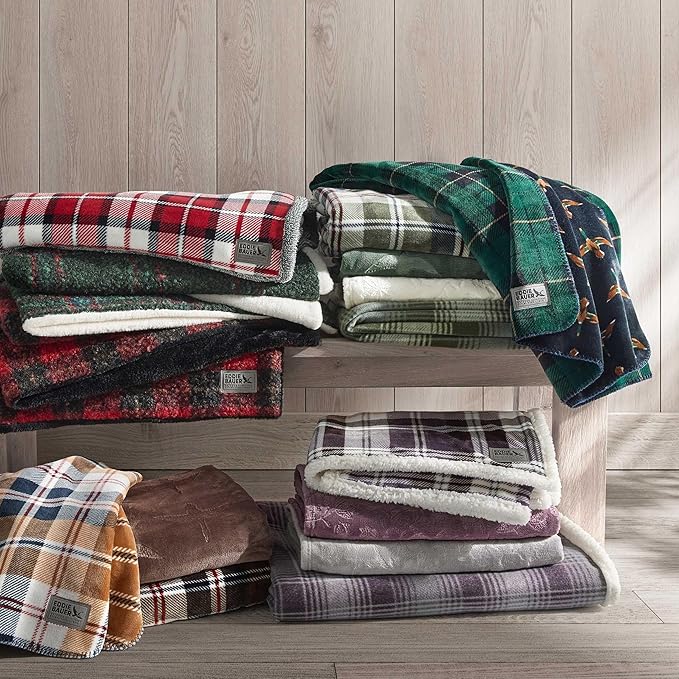 Eddie Bauer - Throw Blanket, Ultra-Soft & Reversible Plush Bedding, Throw Blanket for Couch & Bed (Trailhead Plaid Beige, 60" x 70")