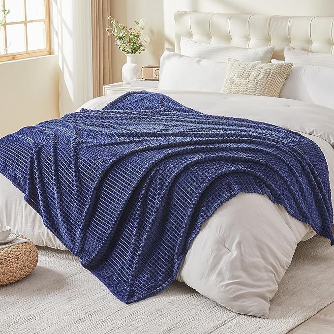 EMME Fleece Blanket, 3D Jacquard Throw Blanket for Couch and Bed, Soft Cozy and Fluffy Blankets Lightweight Luxury Flannel with Geometric Grid Design (Navy Blue, 60" x 80")