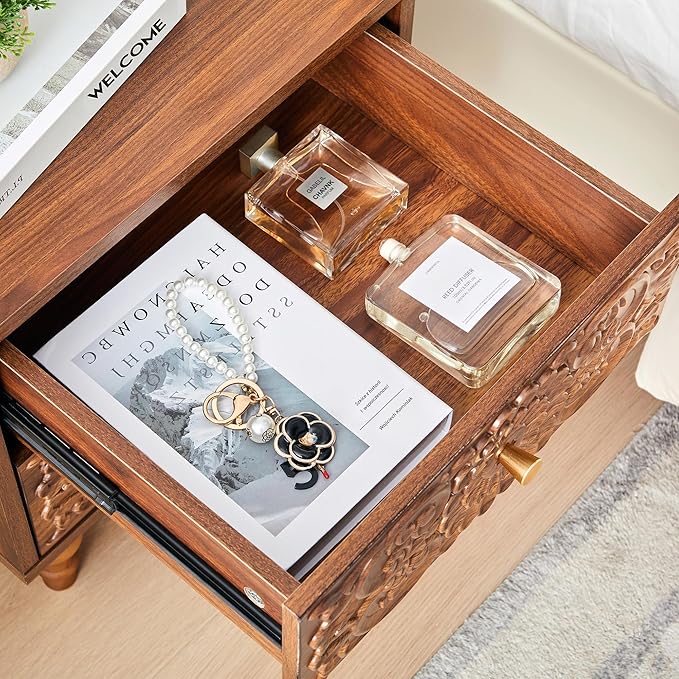 Nightstand, Farmhouse Bedside Table with 2 Drawers and Metal Handles, Wood Sofa Side Table End Table Accent Dresser for Bedroom, Living Room (Walnut-2 Packs) (15.75 x 16.02 x 18.15 Inch)