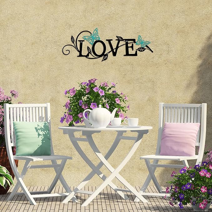Metal Butterfly Love Sign Wall Decor Metal Black Love Word Sign Rustic Home Letter Ornament Cutout Teal Bedroom Decor for Home Office Living Room Hanging Wall Decorations 14 x 5 Inch