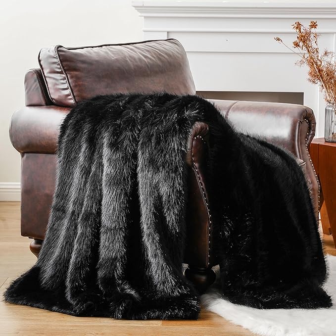 BATTILO HOME Luxury Black Faux Fur Throw Blanket, Large Cozy Warm Fluffy Fur Blanket for Bed,Couch, Sofa, Chair, Black Fur Throws with Long Pile, 60"x80"