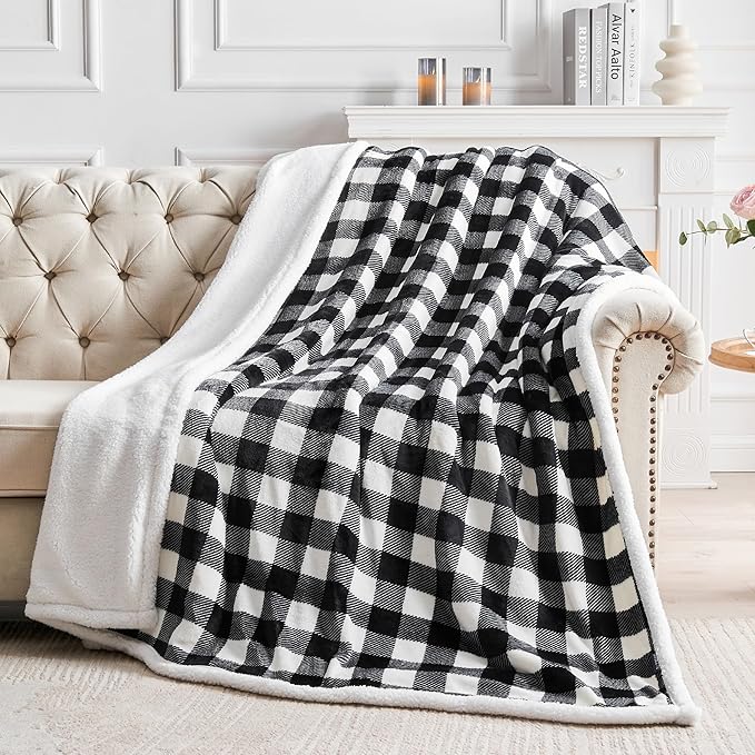 BEDELITE Sherpa Fleece Blankets King Size - Black and White Buffalo Plaid Christmas Blanket, Super Soft Cozy Warm Thick Winter Blanket for Couch and Bed, 108" x 90"