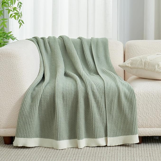 Amélie Home Waffle Throw Blanket for Couch, Soft Cozy Chenille Knit Blanket Warm Decorative Throw for Sofa, 50"x60", Sage Green