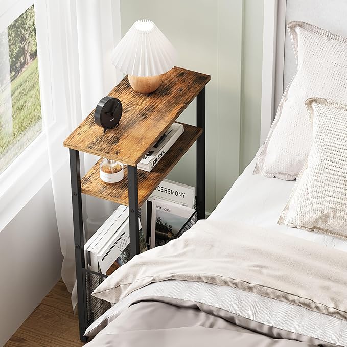 Narrow Side Table with Storage Basket Skinny End Tables for Smalls Spaces 3 Tier Sofa Table Small Nightstand Slim Bedside Table for Living Room Bedroom Rustic Brown MLBZ22RB