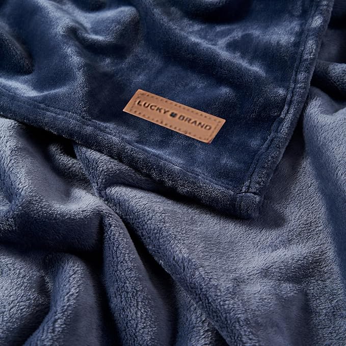 Lucky Brand Solid Plush 50"x70" Throw Blanket, Vintage Blue Indigo - Soft, Cozy, and Timeless Comfort