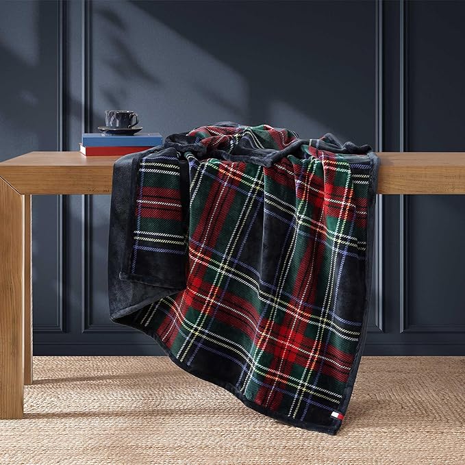 Tommy Hilfiger - Blanket, Ultra-Soft Plush Throw Blanket for Bed or Couch, Cozy Bedding with Solid Reverse & Tailored Hem, Medium Weight for Year Round Comfort (Devon Tartan Blue, 50" x 70")