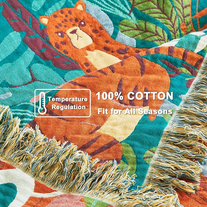 Throw Blanket for Bed Couch Sofa Soft Cotton Twin Spring Blankets for Bedroom Living Room All Season Reversible Forest Animals Embroidery Lightweight Quilt Whimsical Home Decor 60"x80"