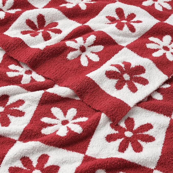 Snuggle Sac Checkered Blanket, Red Flower Throw Blanket for Christmas Couch Plaid Microfiber Fluffy Warm Cozy Fuzzy Soft Reversible Checkerered Blankets for Sofa, Chair, Bed, 50x60 inches