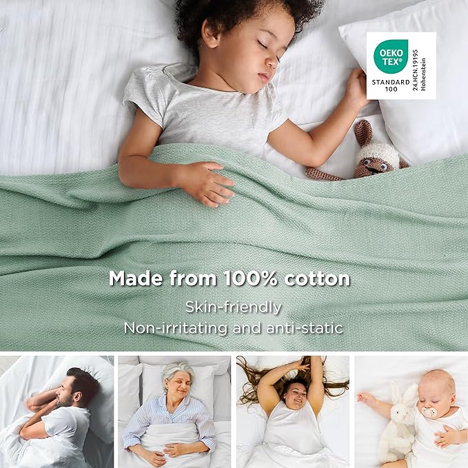 Bedsure GentleSoft 100% Cotton Blanket Queen Size for Bed - Breathable and Lightweight, Soft Cozy Textured Herringbone Woven Blanket for Summer, Sage Green, 90x90 inches