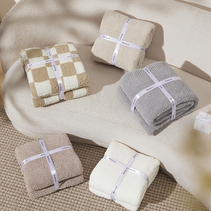 Bedsure Beige Knit Throw Blanket for Couch, Bedding Sofa - Super Soft, Cozy, Fuzzy, Fluffy Blanket Dupes, Gentlesoft, Breathable Warm Gift for Women, Winter Decor, 50x60 Inches