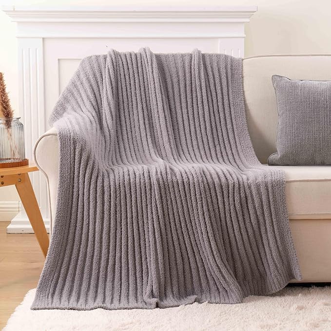 BATTILO Throw Blanket for Couch, Fluffy Soft Plush Grey Chenille Blankets, Cozy Warm Lightweight Blanket for Bed, Sofa, Light Gray, 50"x60"