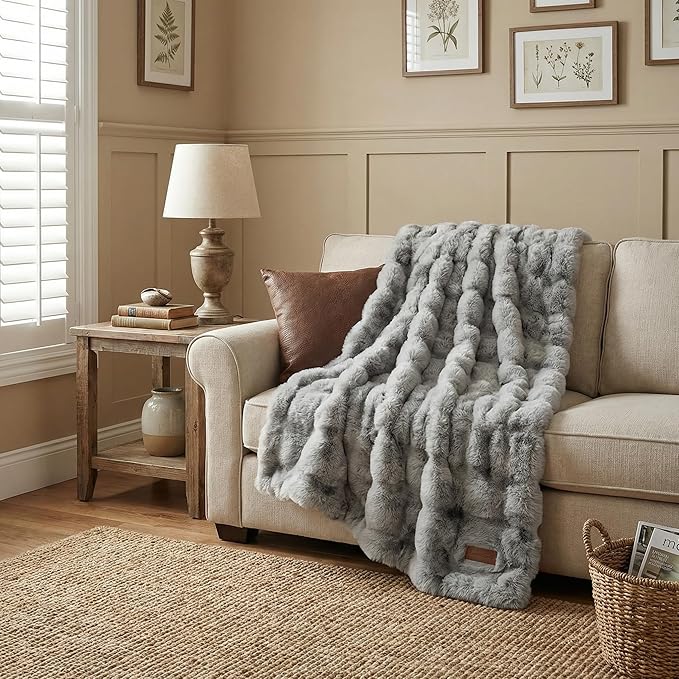Double-Sided Throw Blanket for Couch, Gray Cozy Plush Fluffy Bubble Blanket Foldable for Spring Bedroom Home Decor Living Room Office Nap Travel, for Mom Women, 50" x 60"