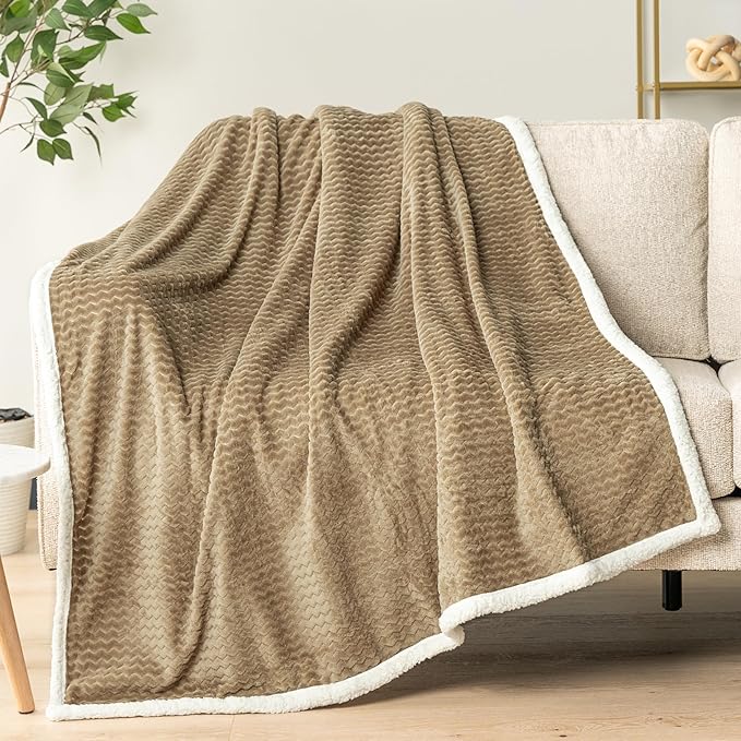 PAVILIA Tan Taupe Twin Bed Blanket Reversible Sherpa Chevron, Soft Cozy Jacquard Weave Textured Throw Sofa Couch, Thick Warm Large Fleece Car Blanket, Decorative Plush Home Decor, 60x80 Neutral Camel