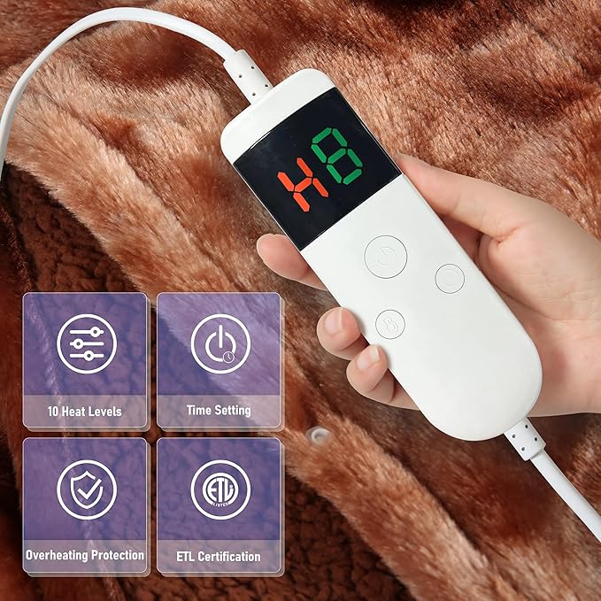Electric Heated Blanket Throw 50''x60''Size Faux Fur Heating Blanket 10 Heating Settings, 1-8h Timer & Overheat Protection, Machine Washable, Soft Flannel and Sherpa Full Body Warmth
