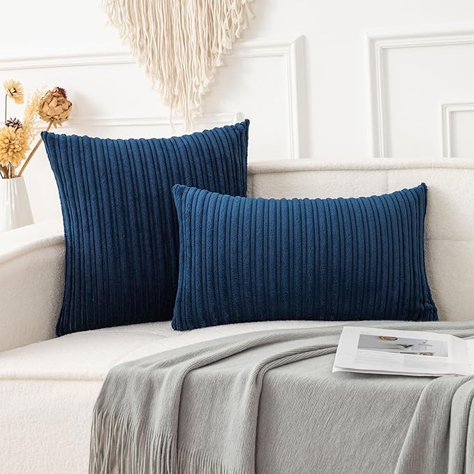 UGASA Velvet Soft Solid Corduroy Striped Decorative Throw Pillow Covers Set Cushion Case for Sofa/Bedroom/Car, 1 Pc, 12x20 Inch, Navy Blue