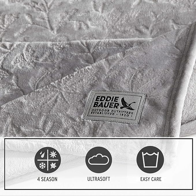 Eddie Bauer - Throw Blanket, Ultra-Soft & Embossed Plush Bedding, Blanket for Couch & Bed (Woodblock Floral Grey, 50" x 70")