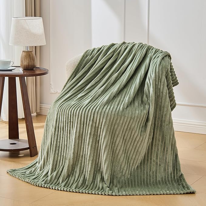 Bnuitland Sage Green Flannel Throw Blanket,300GSM Super Soft Fleece Stripe Pattern Sofa Blanket for Adults and Kids, Lightweight Cozy Bed Throw for Home Decor All Season