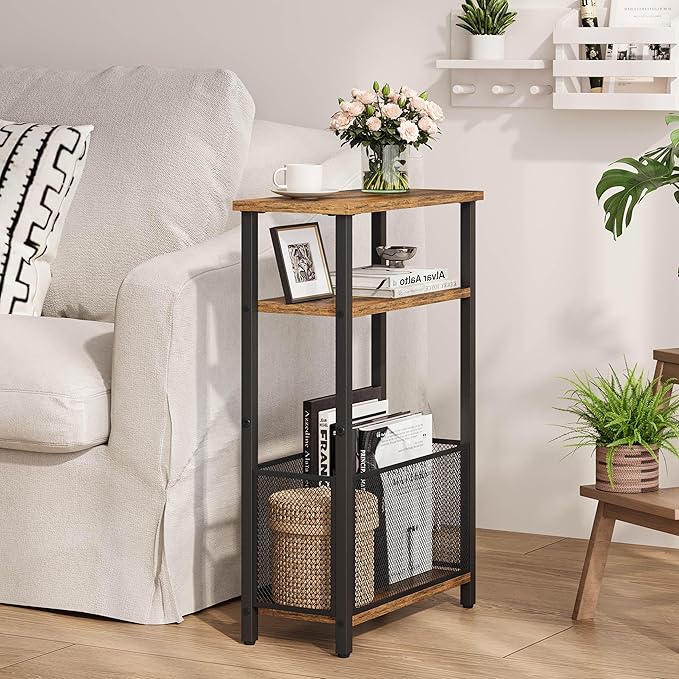Narrow Side Table with Storage Basket Skinny End Tables for Smalls Spaces 3 Tier Sofa Table Small Nightstand Slim Bedside Table for Living Room Bedroom Rustic Brown MLBZ22RB