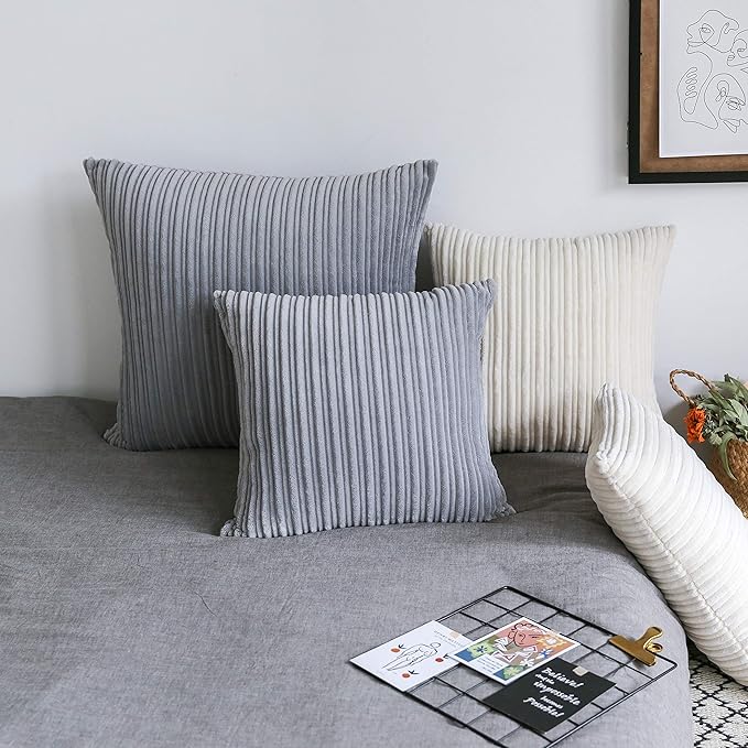 UGASA Velvet Pillow Covers Striped, Decorative Throw Cushion Case with Hidden Zipper for Home Couch/Bedroom/Car, Soft Cozy Solid Square, 1 Pack (18"x18", Light Grey)