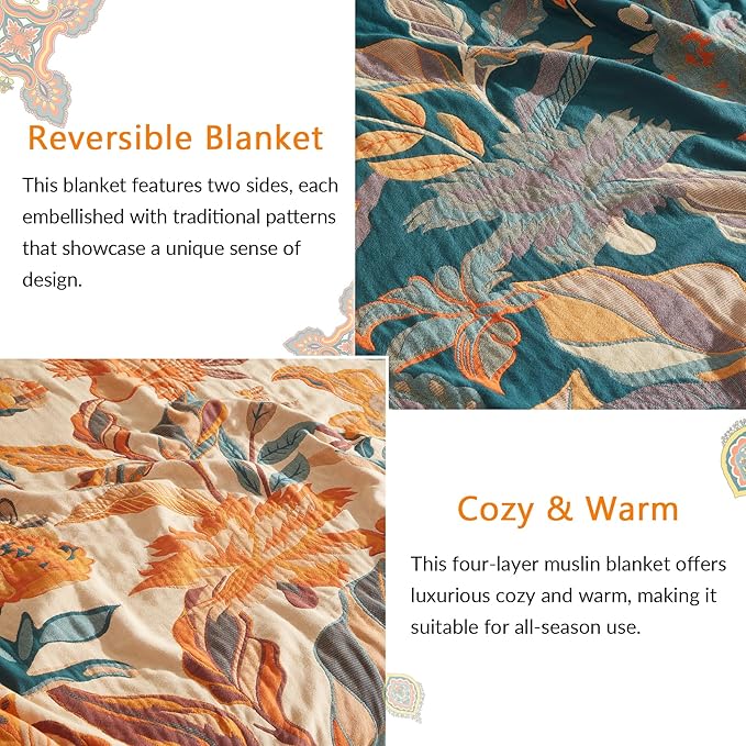 Boho Throw Blanket for Couch Sofa Bed, 100% Cotton Woven Quilt with Tassel 50”x60”, Super Soft Muslin Blanket with Floral Printed, Decorative Reversible Bed Blanket/Cover for All Seasons