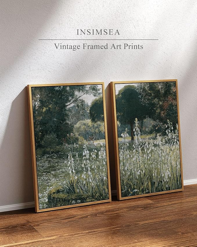 InSimSea 2 Pcs Framed Wall Art Vintage Decor, Vivid Greens Countryside Paintings Above Bed Wall Decor, Canvas Prints, Living Room,Bedroom,Office Retro Farmhouse Decorations, 16x24inch, Set of 2