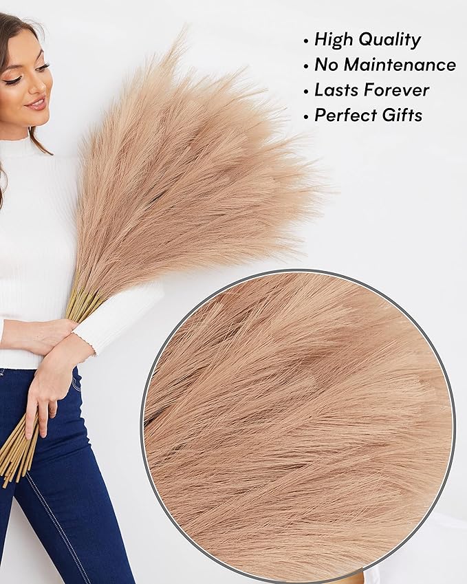 Faux Pampas Grass, 9 PCS 37''/3.1FT Tall Fluffy Fake Pompas Floral, Large Artificial Pompous Grass Branches for Floor Vase Fillers, Boho Farmhouse Room Wedding Decor (Taupe)