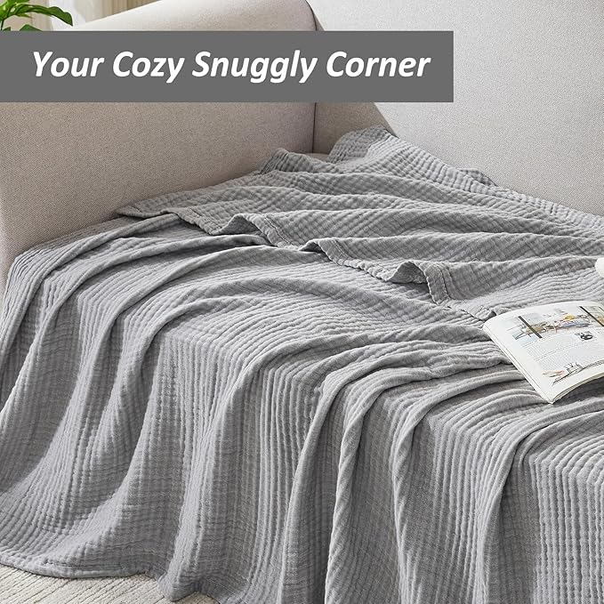 EMME Cotton Muslin Large Throw Blanket Couch Breathable Gauze Soft Lightweight Bed Blankets Adults (Heather Grey, 50"x70")
