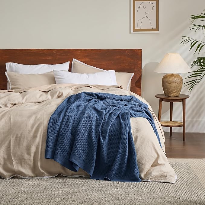 Bedsure Gentlesoft 100% Cotton Throw Blanket for Couch 50x70 inches - Cooling Breathable and Soft for Spring Summer, Waffle Weave Throw Blanket for Office, Navy