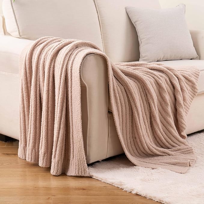 BATTILO Beige Throw Blanket for Couch, Knit Fuzzy Plush Fluffy Soft Netural Blankets, Cozy Warm Lightweight Blanket for Bed, Sofa, Home Decor, 50"x60"