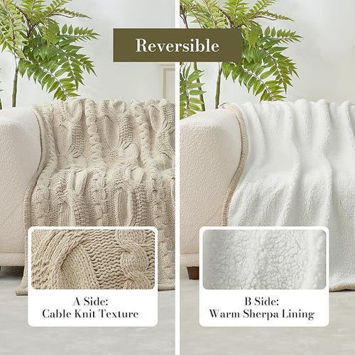 Amélie Home Cable Knit Throw Blanket for Couch, Chenille Sherpa Soft Cozy Throw Blankets for Sofa Chair Comfortable Home, 50"x60", Beige