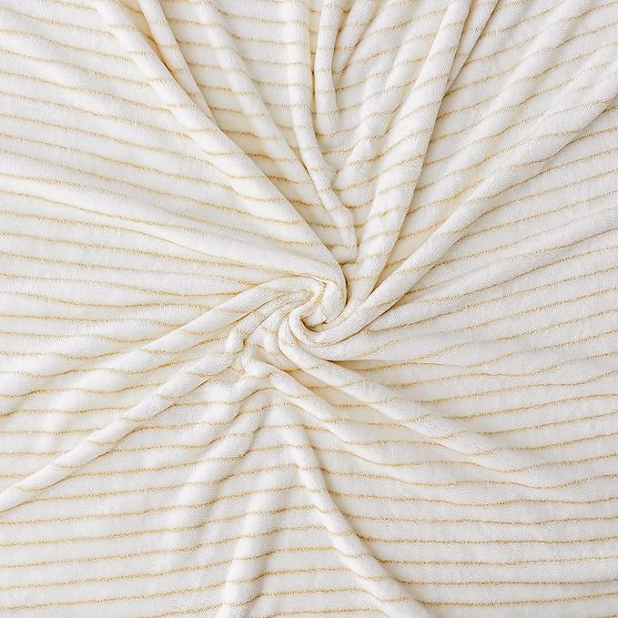 Super Soft Flannel Throw Blanket 50x60 Inches, Premium Gold Glitter Stripes Silky Fleece Lightweight Bed Blanket All Season Use, Ivory, 50"x60"