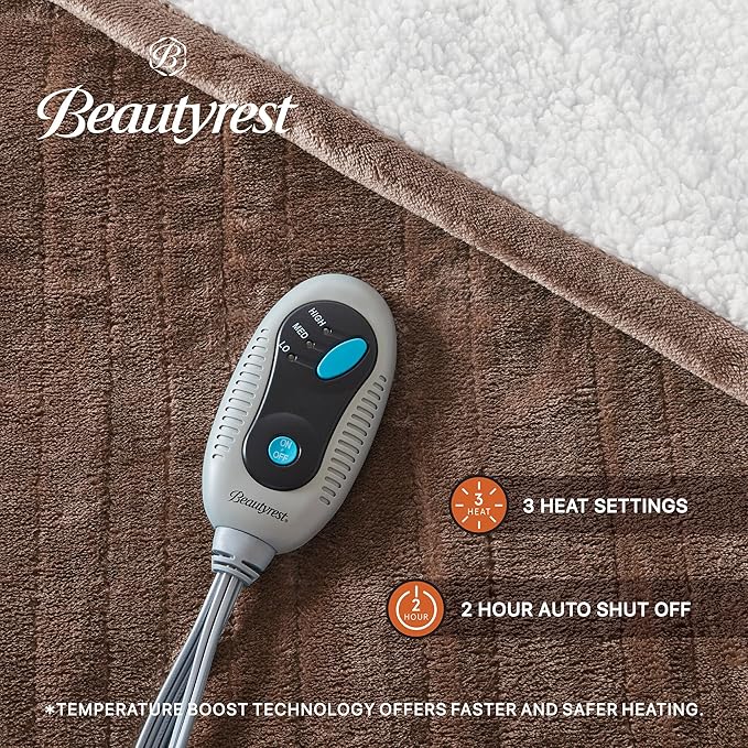 Beautyrest Heated Throw Blanket, Electric Throw, Soft, Warm, Reversible Plush - Sherpa, 3 Heat Settings, 2 hr Auto Shut Off, Machine Washable, 50 x 60 Brown