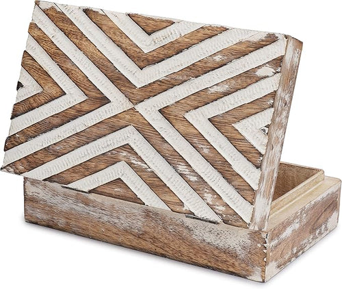 Ajuny Handmade Wooden Box – Hand Carved Line Design Keepsake Box, Decorative Jewelry Organizer Treasure Chest, Memory Storage Boxes Gift for Men and Women, 8x5 Inch