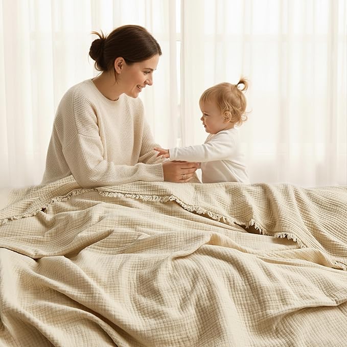 WDCOZY Muslin Throw Blanket 100% Cotton Blankets 4-Layer Breathable Lightweight Soft for Couch Boho Farmhouse Linen Tassels Ruffle Gauze Blankets All Season for Adults 50x60 Inches Beige Tan Neutral