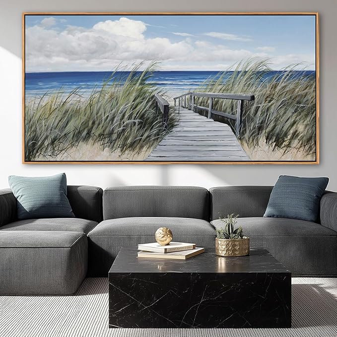 Coastal Wall Art for Living Room - Vintage Farmhouse Landscape Artwork for Walls, Framed Blue Seascape Canvas Decor, Beach Pictures for Bedroom, Ocean Wall Decor Home Decorations 29×58IN