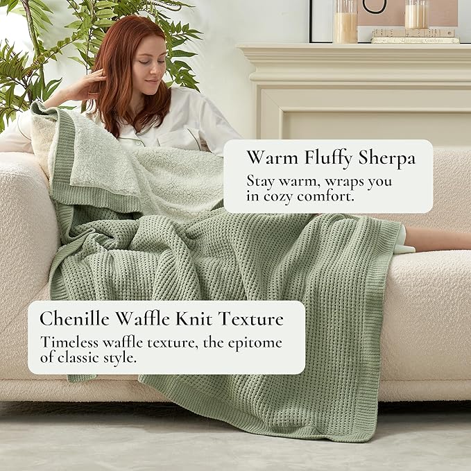 Amélie Home Reversible Waffle Weave Throw Blanket, Chenille Knit with Warm Sherpa, Soft Cozy Blanket for Couch, 50"x60", Sage Green