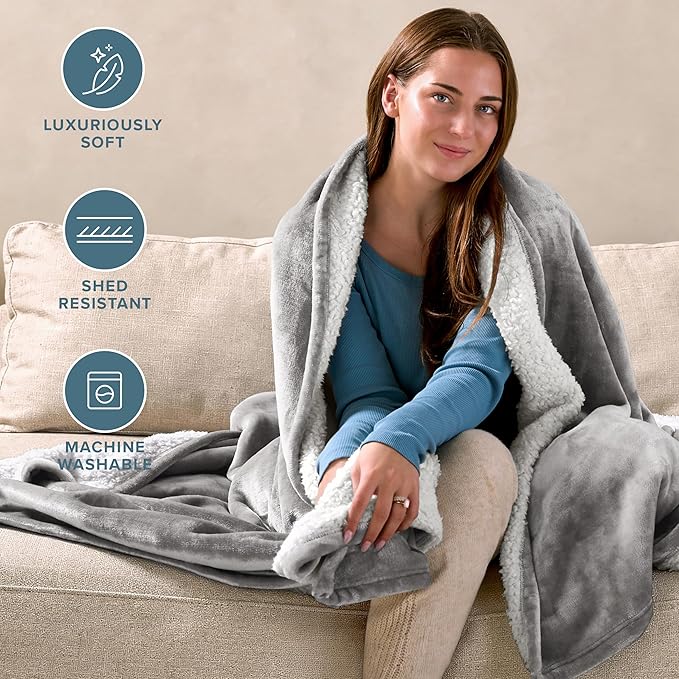 Bare Home Sherpa Fleece Blanket - Twin/Twin Extra Long - Blanket for Bed, Sofa, and Couch - Warm & Lightweight - Fluffy & Soft - Reversible (Twin/Twin XL, Light Grey)
