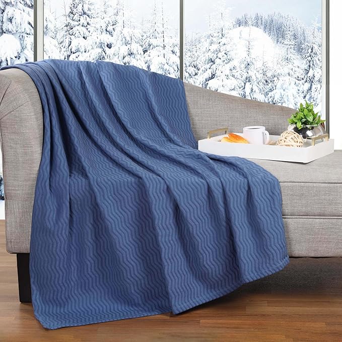 Superior JENA Cotton Blanket Picnic, Beach, Traveling or Camping, Bedroom Decor, Essentials, Cover for Bed, Couch, Lounging, Textured Jacquard, Modern Chevron Woven Blanket, Full/Queen, Merritt Blue