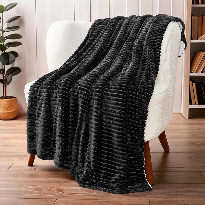 PAVILIA Black Sherpa Fleece Throw Blanket for Couch, Soft Plush Fuzzy Blankets, Fluffy Flannel Sherpa Blanket for Sofa, Warm 3D Ribbed Winter Blanket Gift, 50x60 inches