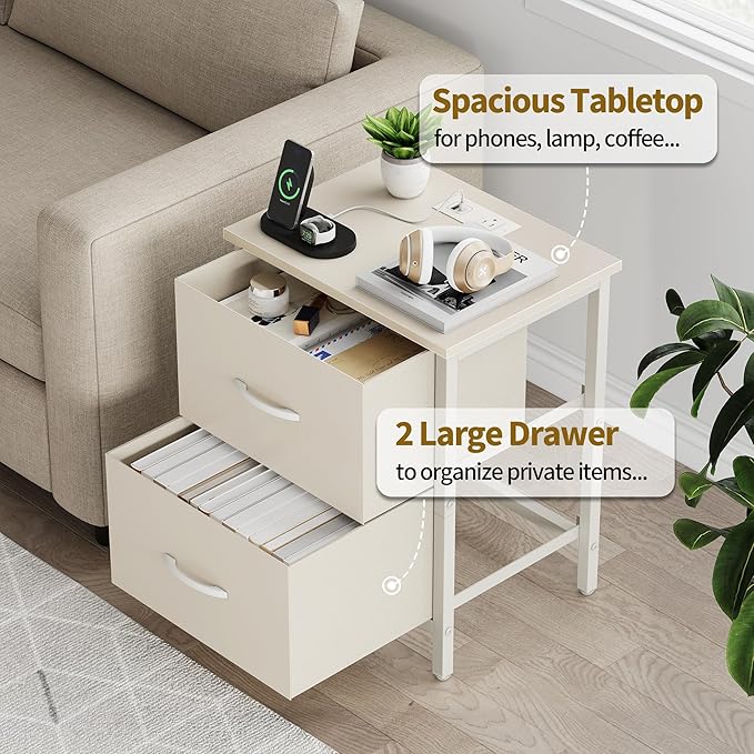 Vagusicc Nightstand Set of 2 with Charging Station, End Table Bedside Table with Power Outlet & USB Ports, Side Table with 2 Fabric Drawers for Bedroom, Living Room, Beige
