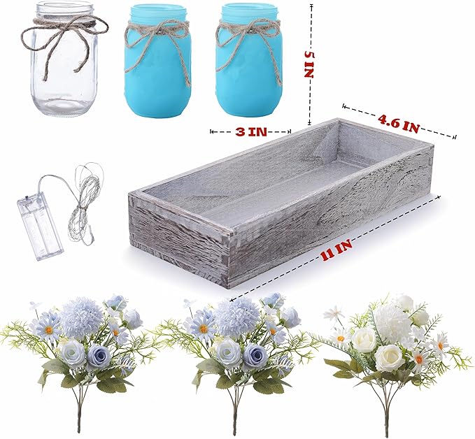 Mason Jar Lights Centerpiece Table Decor for Dining Room Farmhouse Wood Tray with 3 Jars Blue Flowers Valentines Day Decoration for Coffee Table Kitchen Living Room Wedding Spring Decoration