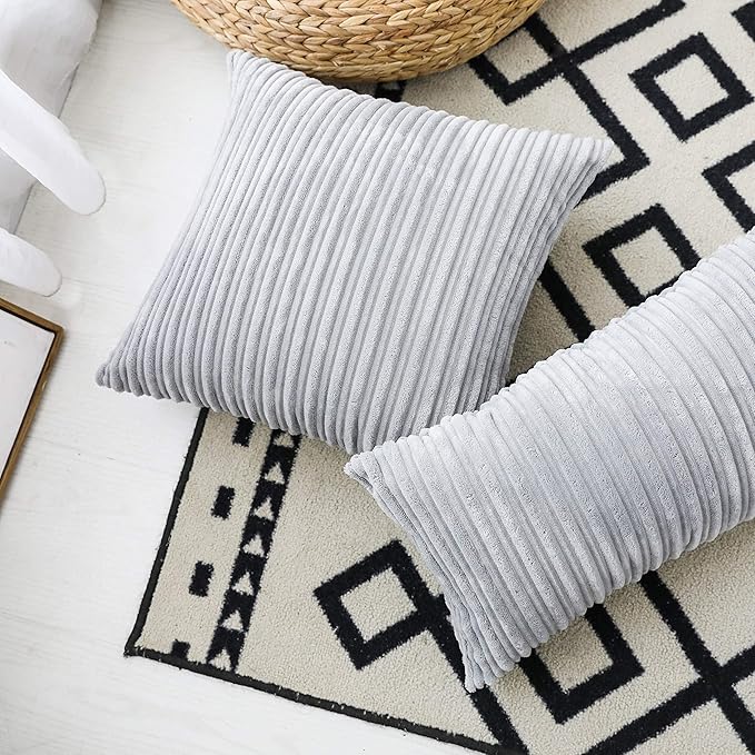 UGASA Velvet Pillow Covers Striped, Decorative Throw Cushion Case with Hidden Zipper for Home Couch/Bedroom/Car, Soft Cozy Solid Square, 1 Pack (18"x18", Light Grey)