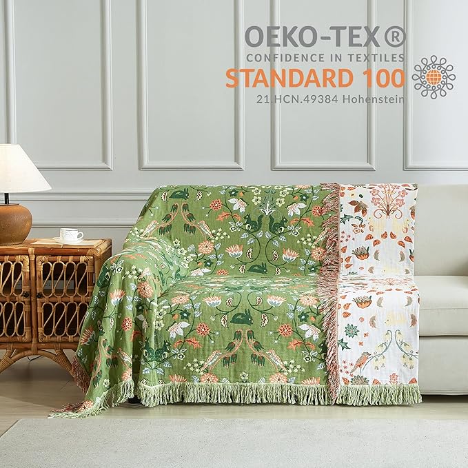 Boho Throw Blanket for Bed 80”x90”, 100% Cotton Woven Blanket for Couch Sofa, Ultra Soft 4-Layer Muslin Quilt with Floral Printed, Farmhouse Bed Blanket/Cover for Living Room Decor