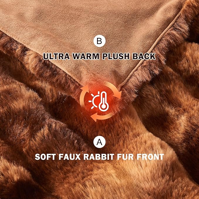 EMME Faux Fur Blanket Queen Size Tie Dye Dark Brown - Big Bubble Rabbit Cozy Blanket for Couch, Thick Furry Plush Shaggy Blankets, 650GSM, 90x90 Inches